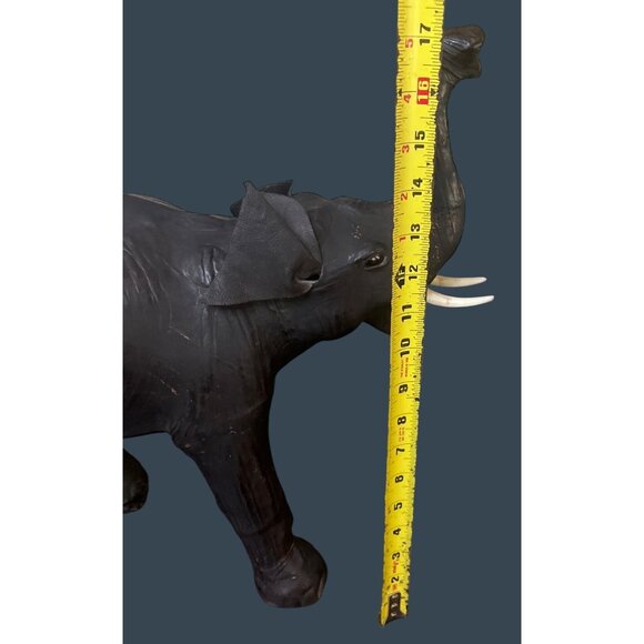 1960s Leather Wrapped Elephant Table Sculpture Figure Safari Glass Eyes Trunk Up - Picture 4 of 9